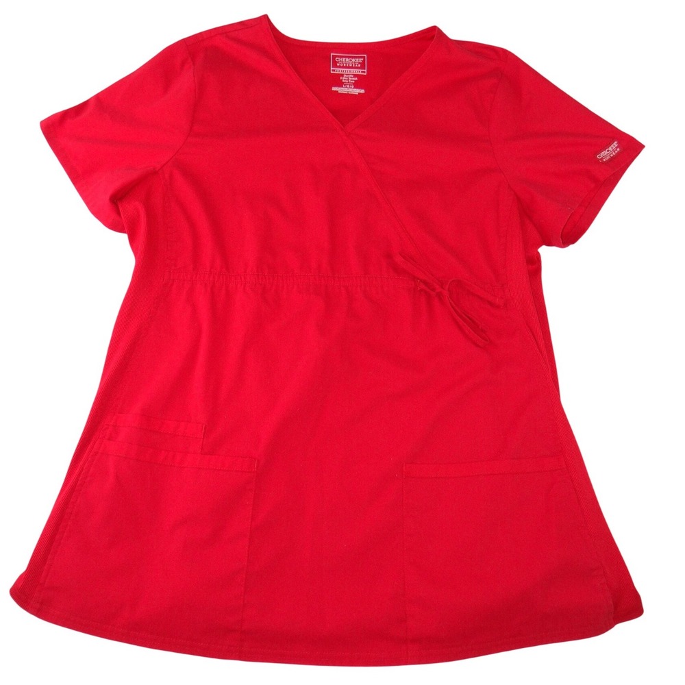 Cherokee Workwear Professionals Red Mock Wrap Scrub Top V-Neck Stretch Large